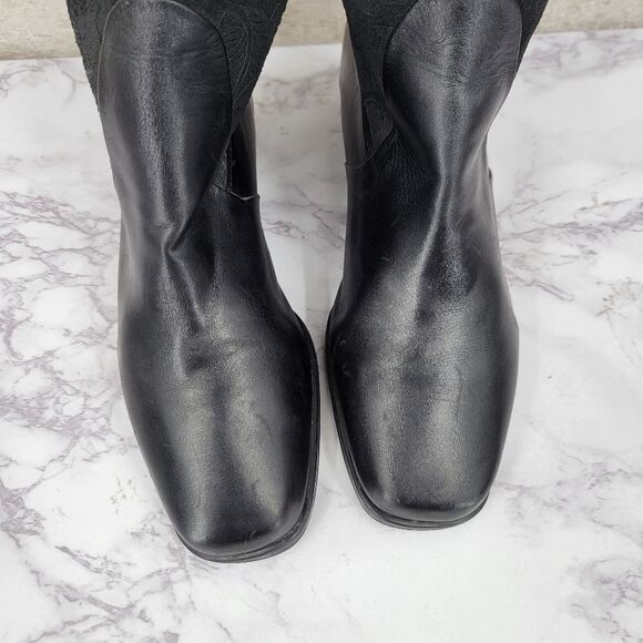 Makron Suela Black Leather and Floral Suede Semi Slochy Women's Boots - Picture 5 of 15